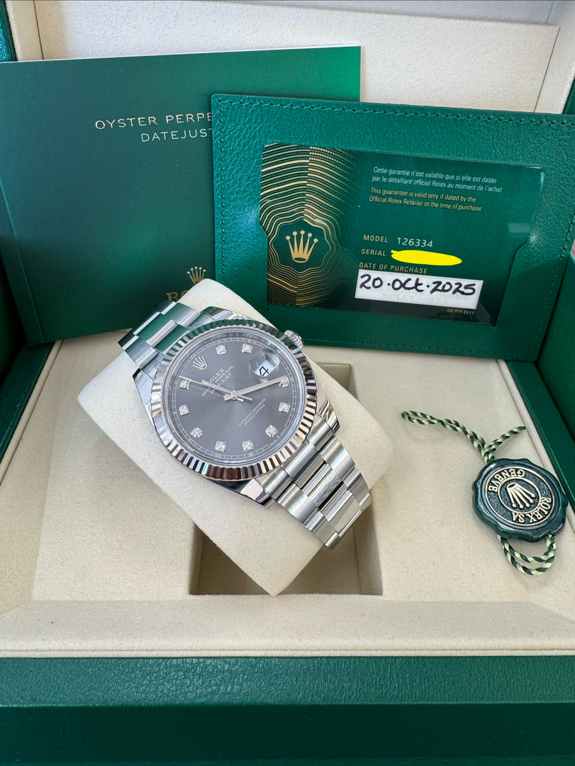 Rolex Datejust 41mm 126334 2025 Rhodium Diamond Dial Oyster