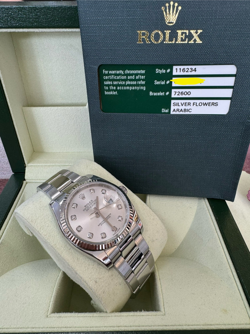 Rolex Datejust 36mm 116234 2011 Silver Diamond Dial Oyster