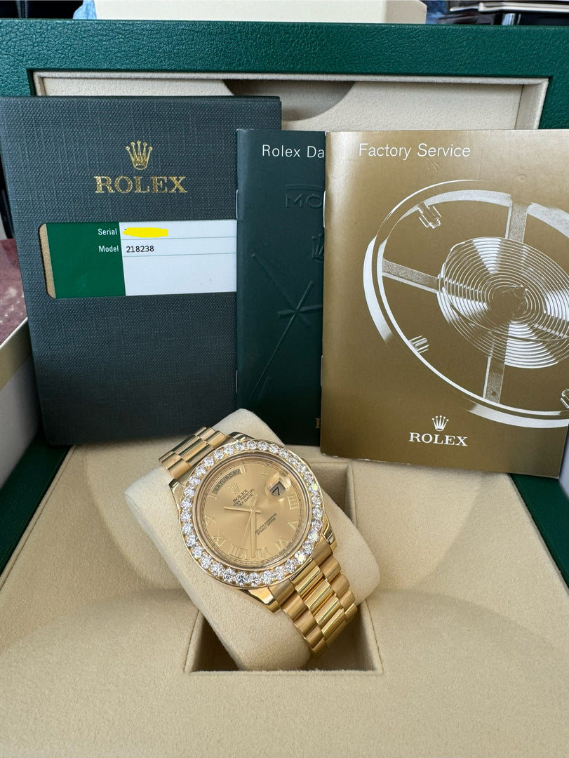 Rolex Day-Date 41mm 2015 Champagne Dial 218238 Diamond Bezel 5.00ct