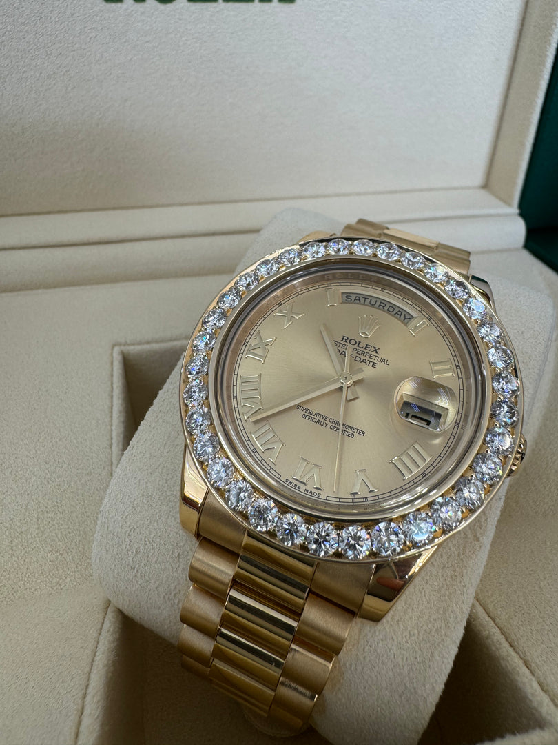 Rolex Day-Date 41mm 2015 Champagne Dial 218238 Diamond Bezel 5.00ct