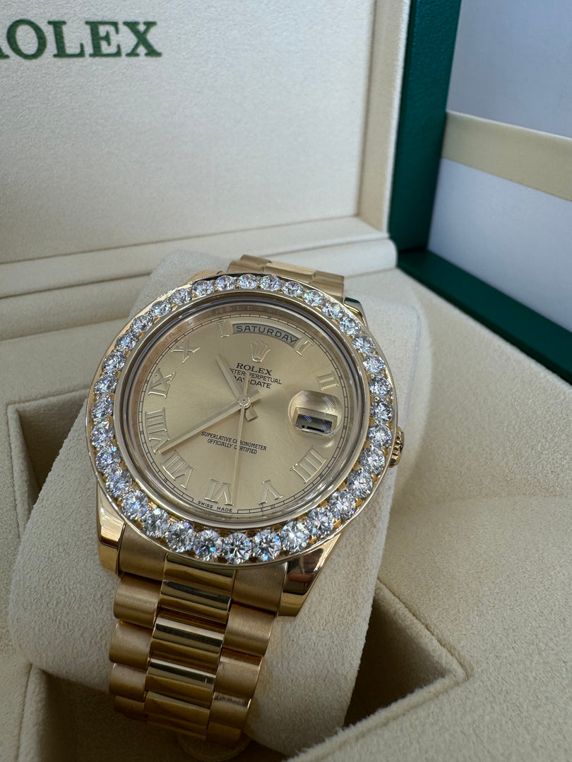 Rolex Day-Date 41mm 2015 Champagne Dial 218238 Diamond Bezel 5.00ct