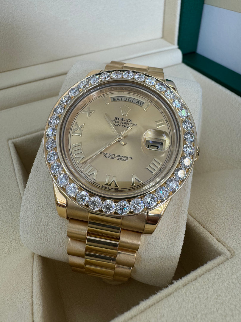 Rolex Day-Date 41mm 2015 Champagne Dial 218238 Diamond Bezel 5.00ct