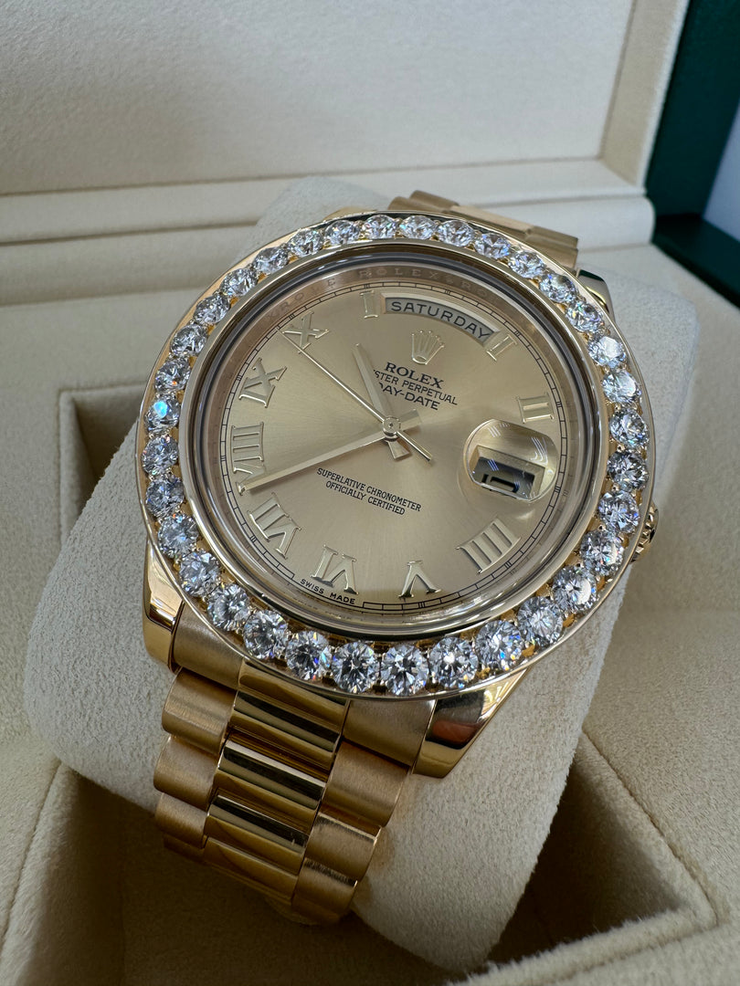 Rolex Day-Date 41mm 2015 Champagne Dial 218238 Diamond Bezel 5.00ct