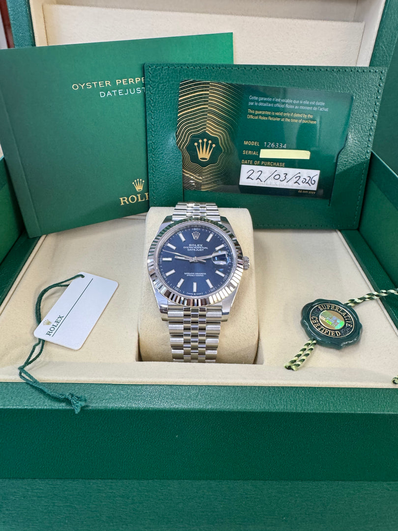 Rolex Datejust 41mm 126334 2026 Blue Index Dial Jubilee