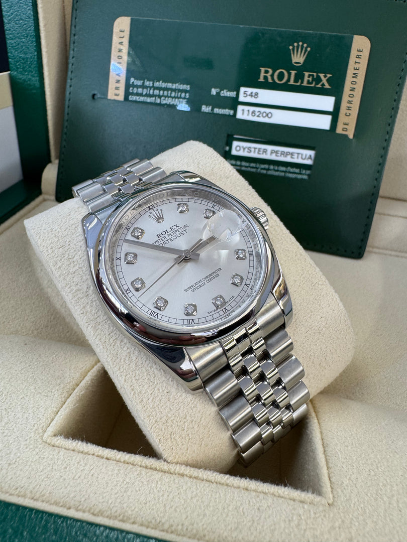 Rolex Datejust 36mm 116200 2013 Silver Diamond Dial Jubilee