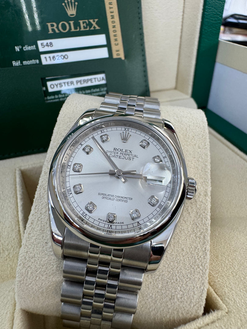 Rolex Datejust 36mm 116200 2013 Silver Diamond Dial Jubilee
