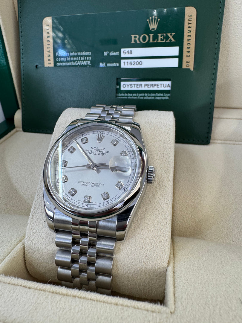 Rolex Datejust 36mm 116200 2013 Silver Diamond Dial Jubilee